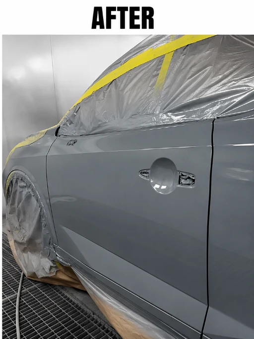 Car fender finished in matched grey paint, after repair