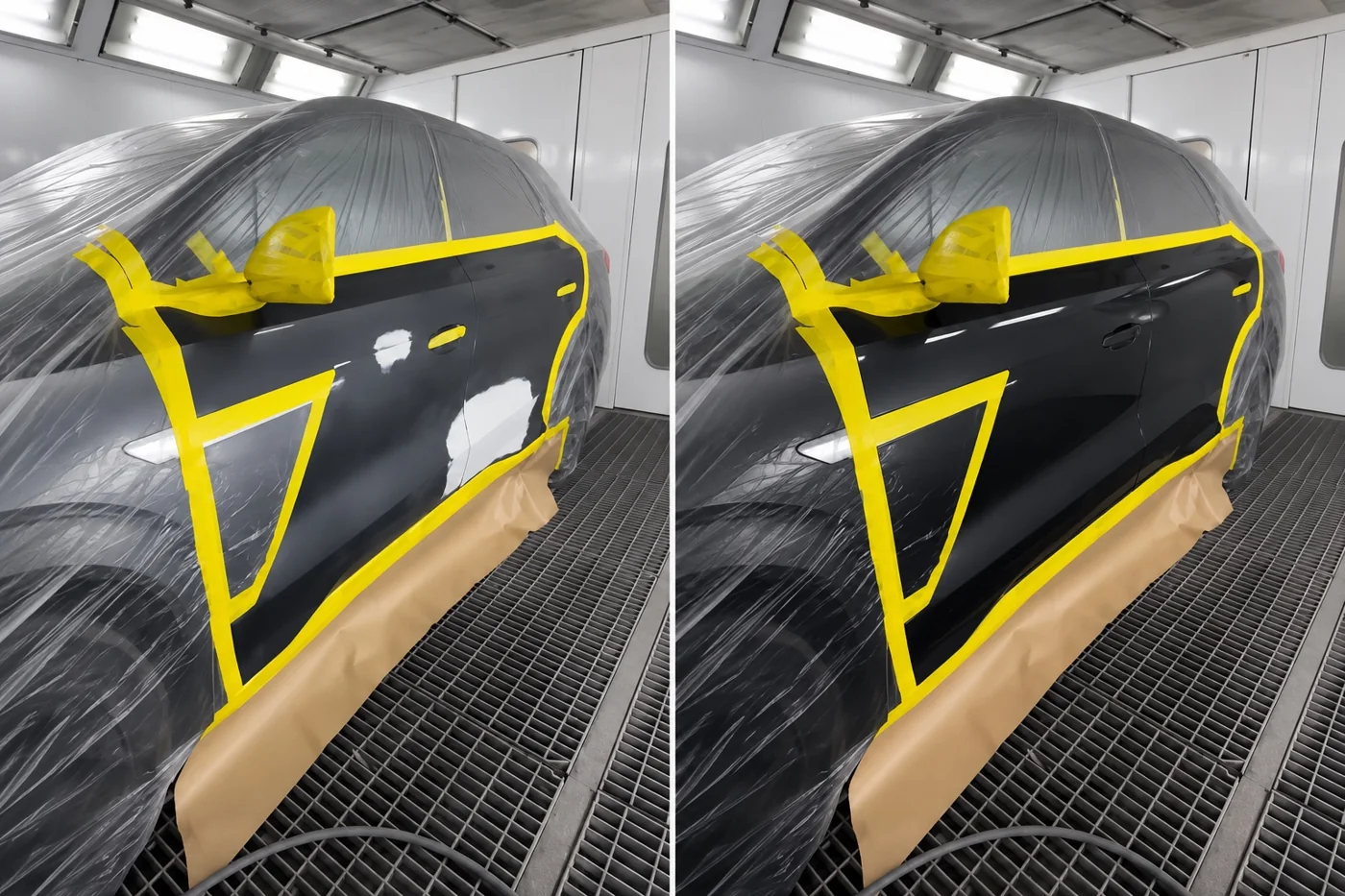 Black SUV door repair, before with primer patches and after with glossy black paint