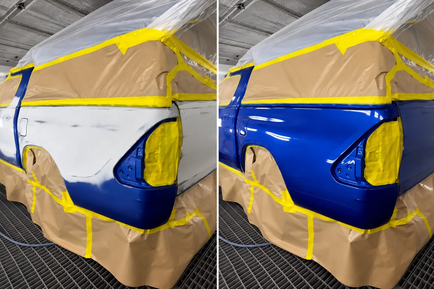 Blue pickup truck rear quarter repair, before with primer and after with glossy blue paint