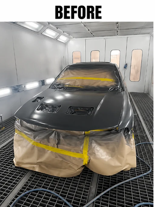Car bonnet in grey primer and masking tape, before red respray
