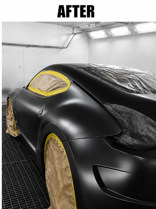 Sports car finished in smooth satin black, after finish