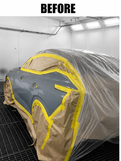 Sports car in grey primer masked with tape, before satin black finish